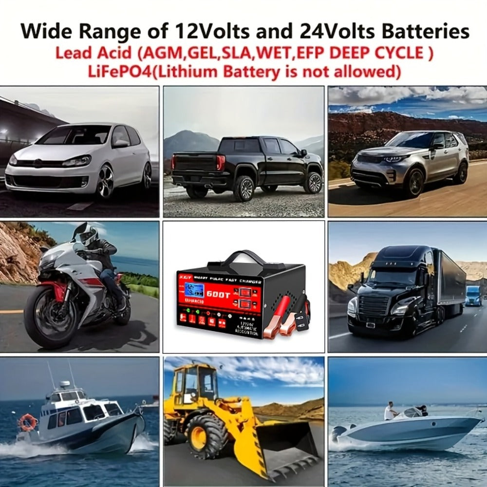 Advanced Smart Universal Battery Charger for 12V And 24V, with LCD Screen, Pulse Repair Function, And Temperature Regulation - Designed for Smart Trickle Charging Maintenance of Car, Truck, Harvester, Lawn Mower, Boat, And Motorcycle Batteries