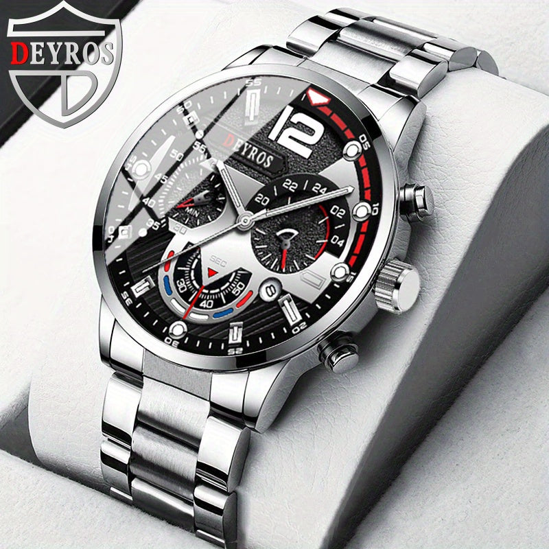 12pcs/Set Men Watch Set, Fashion Stainless Steel Strap Quartz Watches for Men, Classic Pointer Round Dial Date Display Men'S Wrist Watch Business Casual Men'S Watch Set Birthday Valentine'S Day Easter Perfect Gift, Reloj Para Hombre
