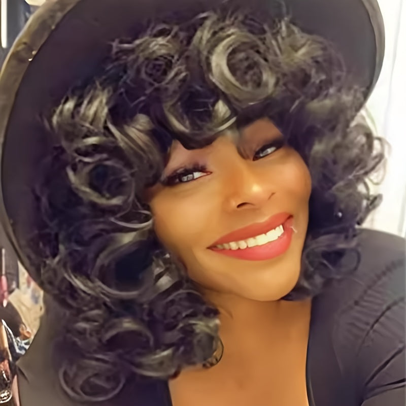 Women's 12 Inch Elegant Short Roll Wavy Costume Wig High Temperature Synthetic Fiber with Rose Mesh Cap 130% Density Natural Black Soft Curly Suitable for Daily Use Family Gatherings Halloween