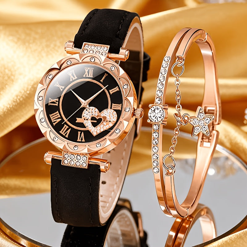 This Is a Set of Two Stylish Quartz Watches Featuring a Rose Golden And Pink Faux Leather Strap, Adorned with Sparkling Rhinestones. The Round Dial Showcases a Heart Design, Making It an Ideal Gift for Valentine'S Day, Birthdays, And Parties
