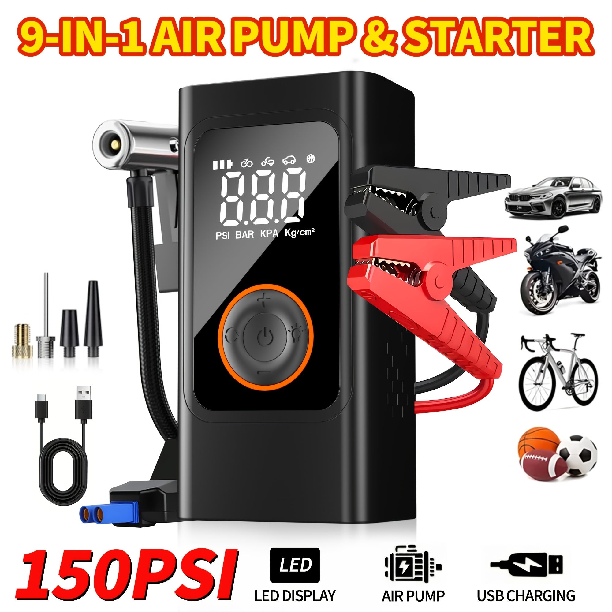 Tire Inflator Portable Air Compressor, 150PSI Car Tire Air Pump With Tire Pressure Gauge, LED, 3X Fast One-Button Smart Cordless Tire Air Pump For Cars, Motorcycles, Bicycles, Balls, Etc.
