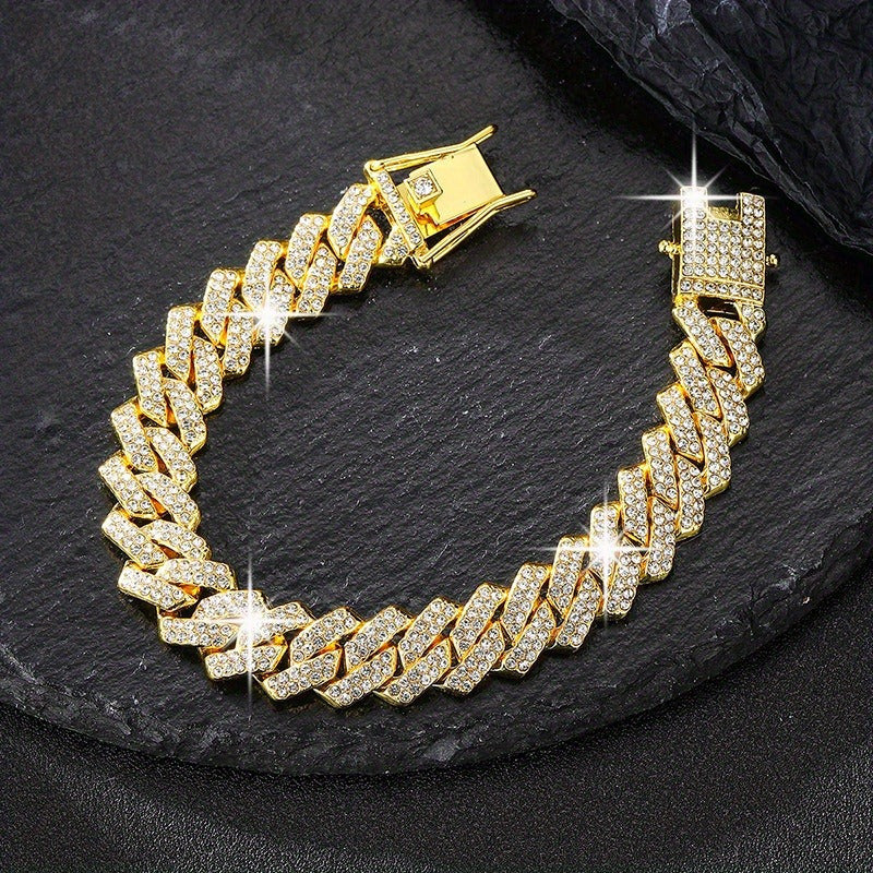 2pcs Men Cuban Link Necklace And Bracelet Set Full Rhinestones Embellished Unisex Punk Inspired, Y2K Hip Hop Style Cuban Link Necklace Bracelet Jewelry Luxury Gift Idea for Him/Her