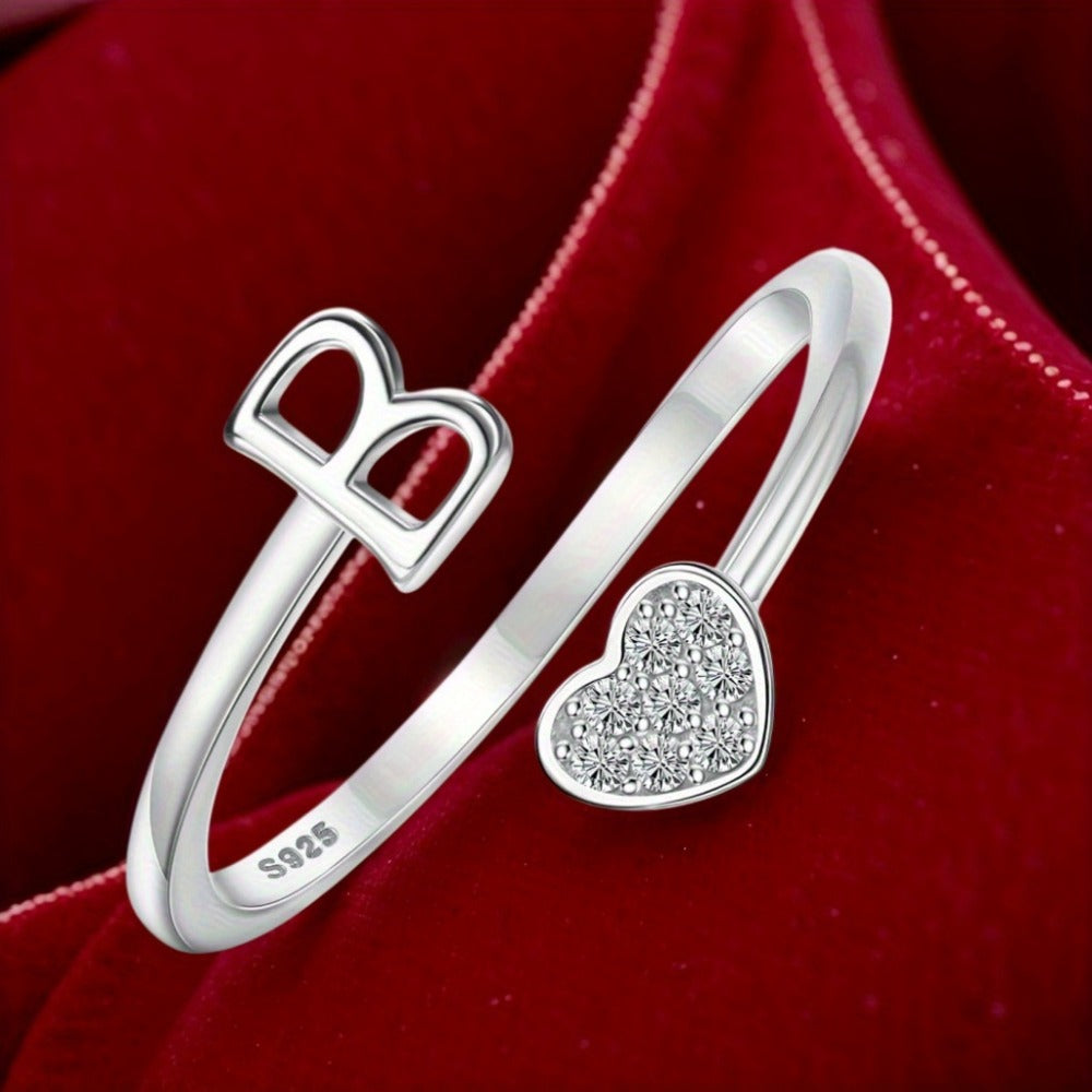 1pc 925 Sterling 925 Silver Letter Heart Initial Rings for Men Initial Heart Stackable Rings Adjustable Initial Rings for Men Cute Heart Alphabet Valentine's Day Jewelry Gifts, the best Christmas gift, Total weight of the product (3.2g)