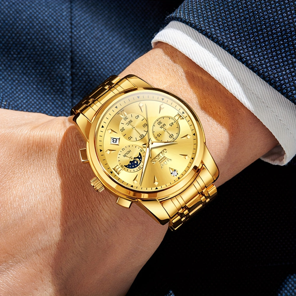 [Luxury Men's Watches] OLEVS Men's Watches for Business Dress, Analog Quartz Chronograph, Luxury Two-Tone Stainless Steel, Moon Phase, Luminous Date, Classic Men's Wrist Watches