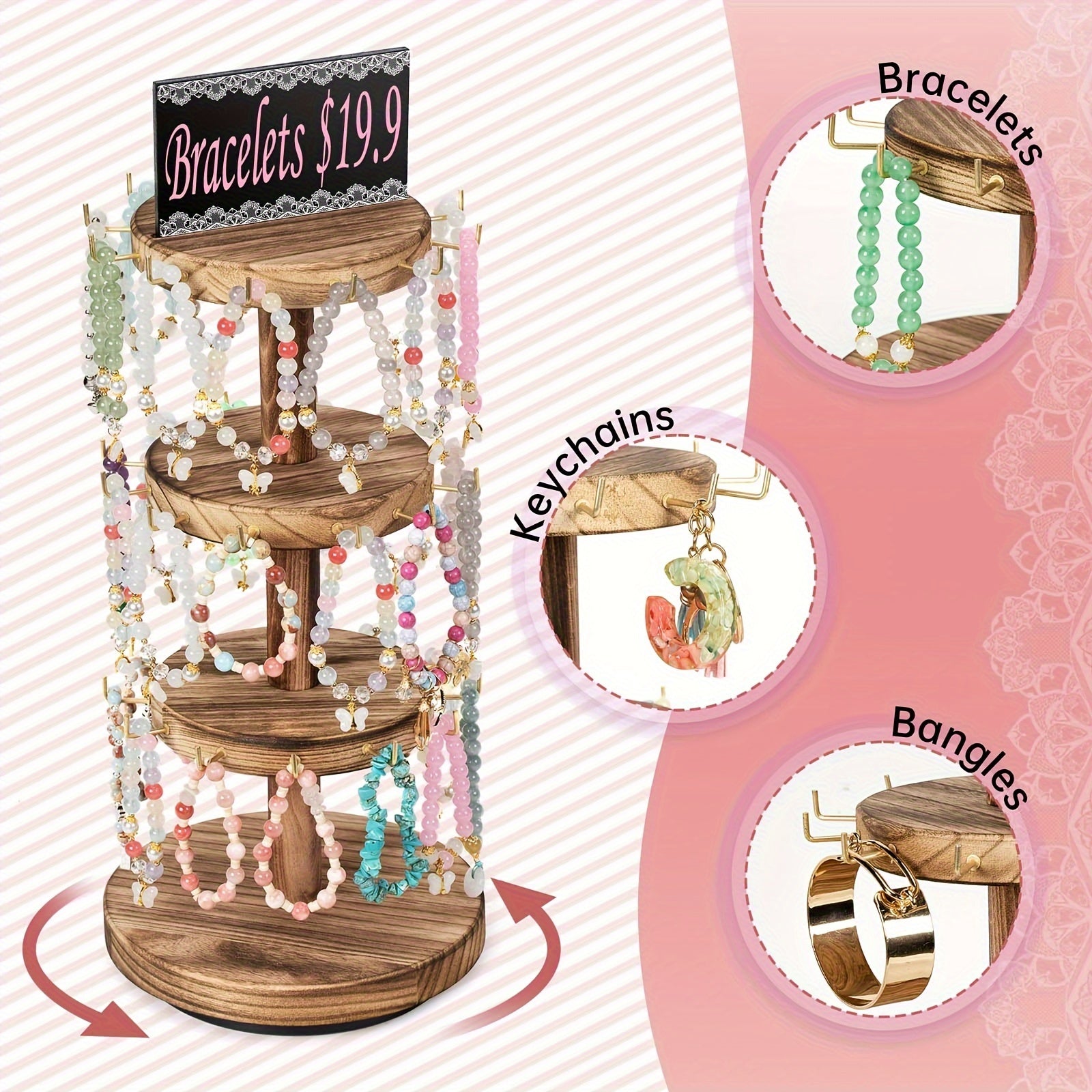 [Jewelry Tower Organizer] 3-Tier Large Capacity Wooden Jewelry Tower Organizer with Multi-Tier Bracelet And Necklace Shelves Rotating Display Rack for Dressers And Counters