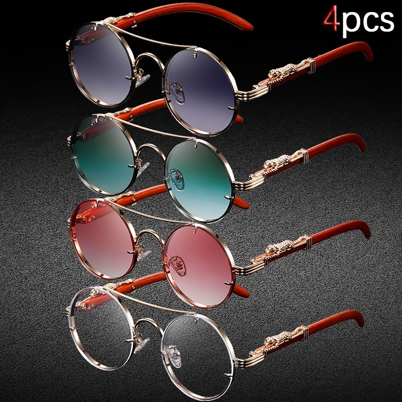 4pcs Punk Rock Metal Round Glasses with Leopard Print Hinges And Fashionable Tortoiseshell Accents - Retro Round Frame, PC Lenses, Perfect for Birthdays, Photography Props And Casual Wear, Punk Additions