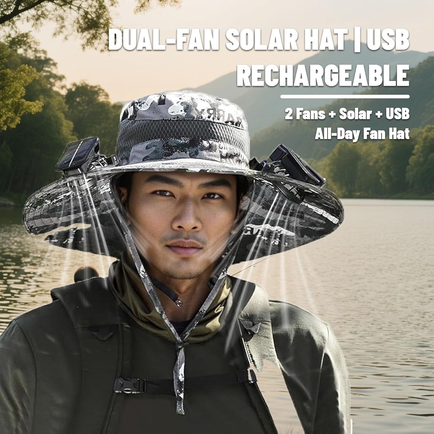 [For Fishing & Outdoor] Wide-Brimmed Sun Hat With Solar Fan, Suitable For Men's Outdoor Activities Such As Fishing, Beach, Hiking, Etc.(US, One Size, Camouflage)