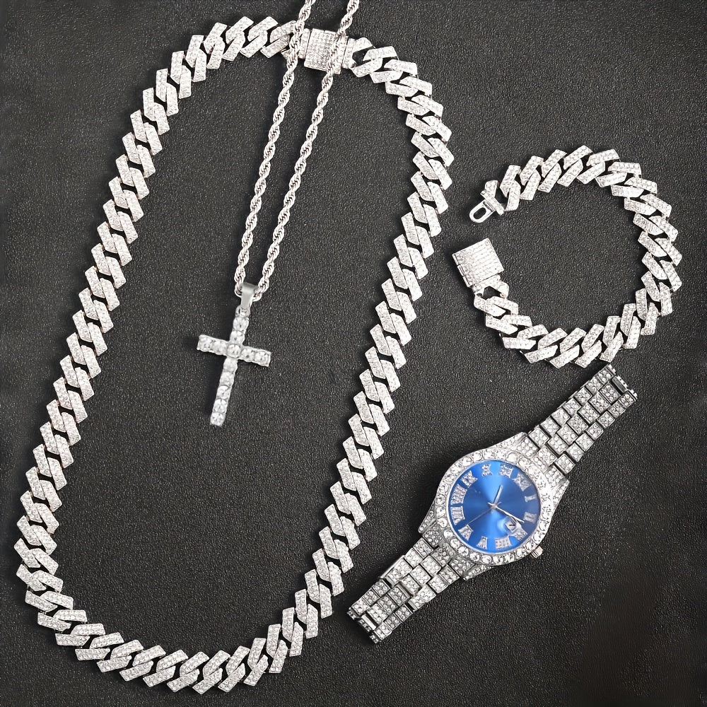 4pcs/set Men's & Women's Rhinestone Wrist Watch & Cross Pendant Jewelry Set with Analog Quartz Watch, Calendar, Quartz Movement, Suitable for, Wedding, Daily Wear - Luxury Accessory Gift for Him/Her