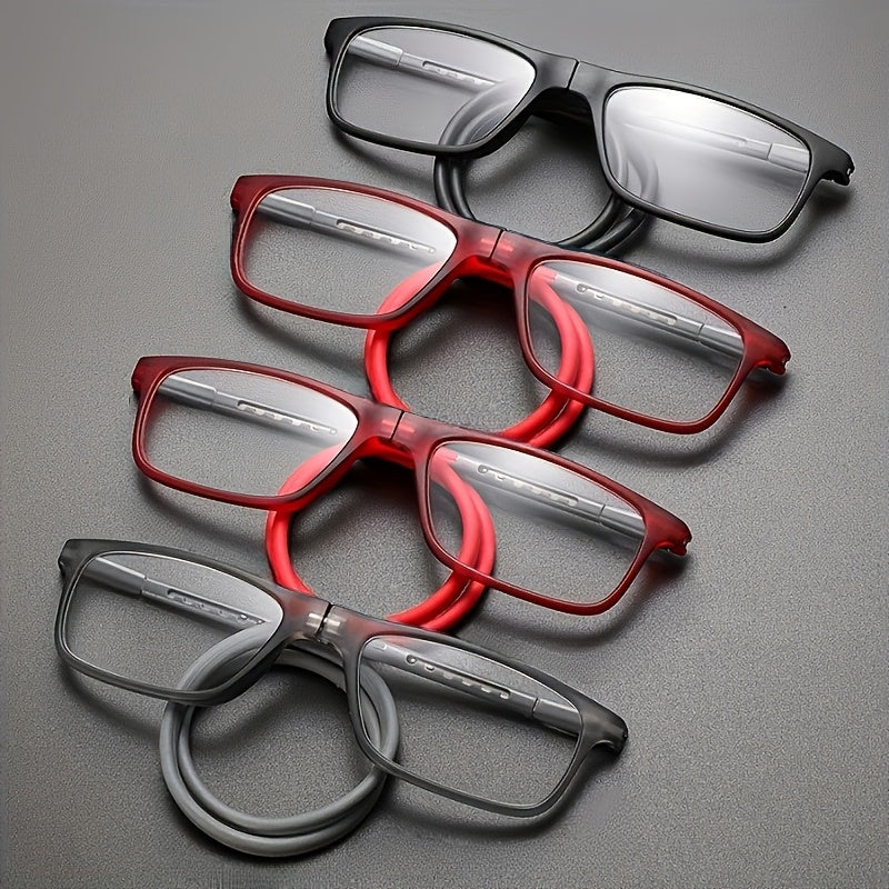4 Pairs of Reading Glasses Simple Square Folding Magnetic Neck Hanging Fashionable Presbyopic Frame Multifunctional Ultra-light Portable Telescopic Folding Anti-fall Retro Frame Suitable for Office Wear