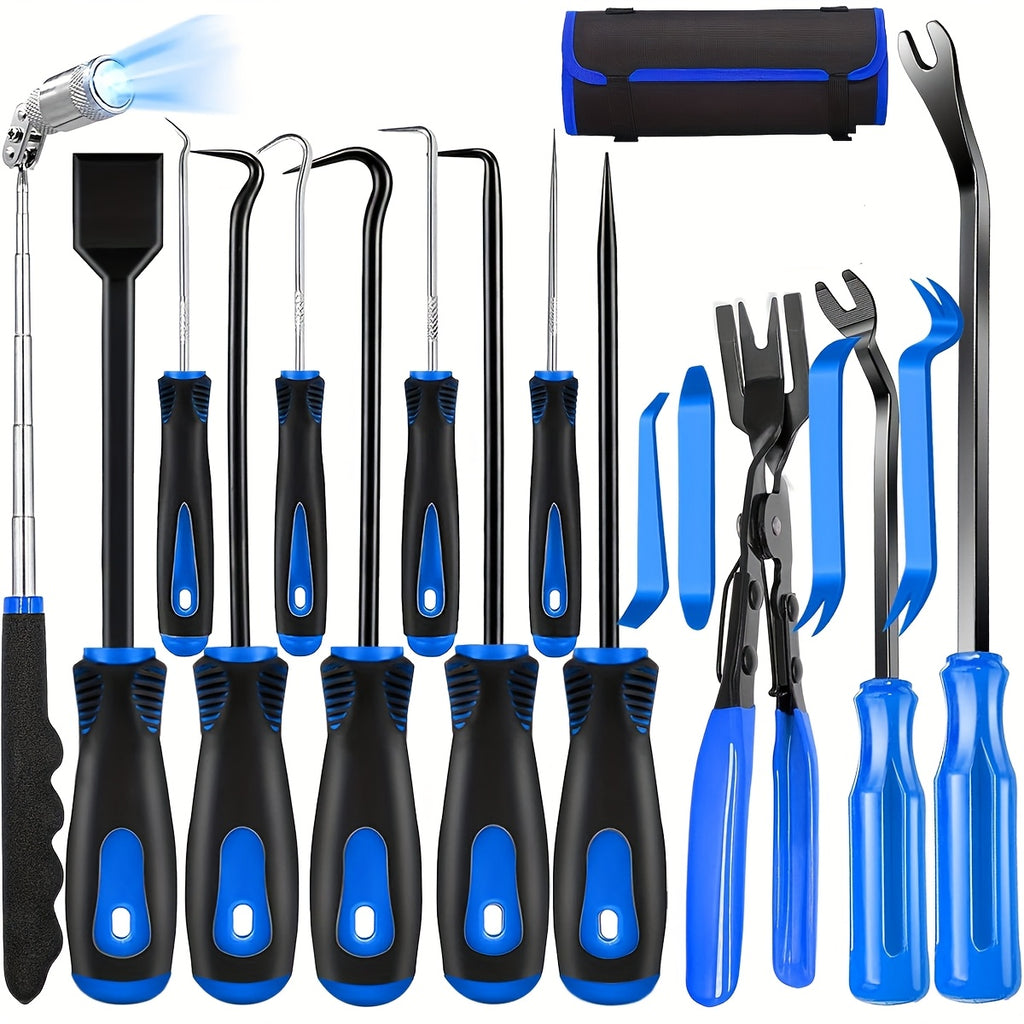 17pcs Professional Auto Trim Removal Tool Kit - with Picks, Pry Tools, Metal Scraper & Magnetic Telescopic Pickup for Car Dash, Panel, Bicycle Maintenance