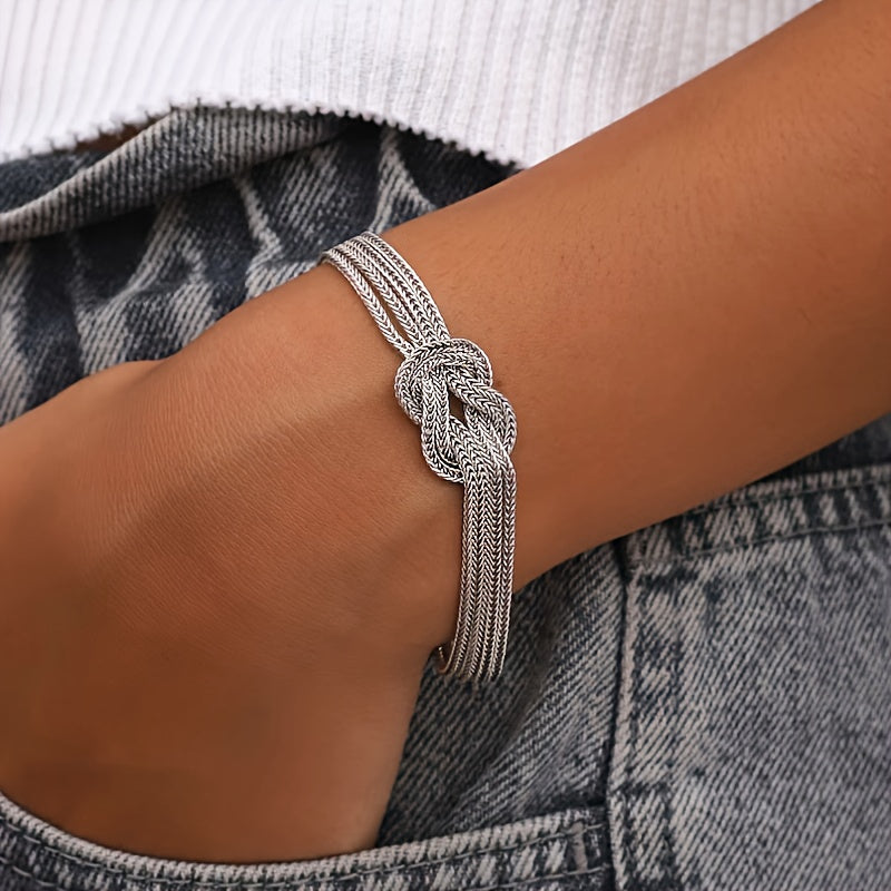 1pc Boho Hip Hop Style 925 Sterling Silver Double Layer Serpentine Chain Knot Bracelet for Women, Allergy-Free, Durable Silvery Plating, Perfect for Daily Wear And Holiday Celebrations, Ideal Christmas And Valentine'S Gift