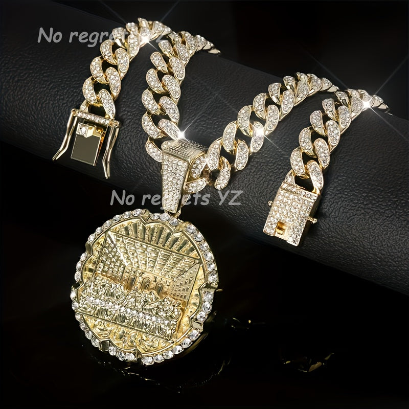 Fully Set Synthetic Synthetic Zircon Hip-hop Men'S Necklace, Fashionable Last Supper Round Plate Decorated Necklace, Trendy And Fashionable, With A Beautiful Gift Box Included