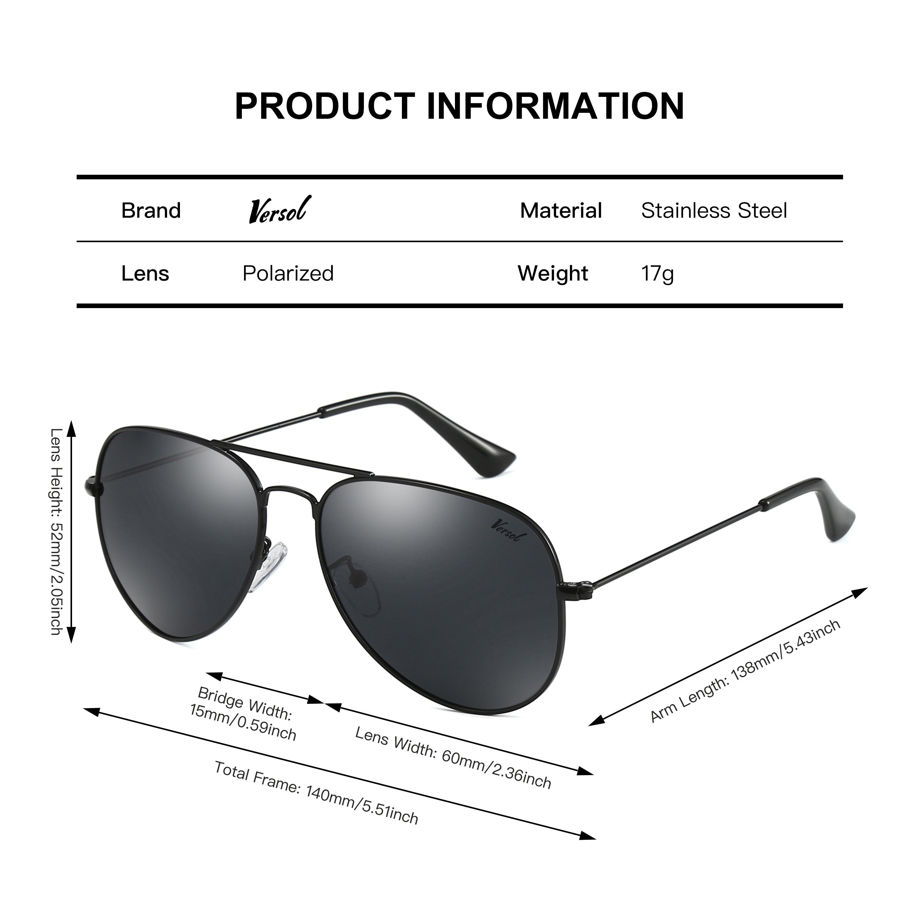 Versol Classic Pilot Sunglasses for Men & Women - Polarized Mirrored Protection, Lightweight Oversized Frame (>139mm), Large Square Lens, Stylish Aviation Design for Driving, Flying, Outdoor Activities - Unisex Pilot Sunglasses