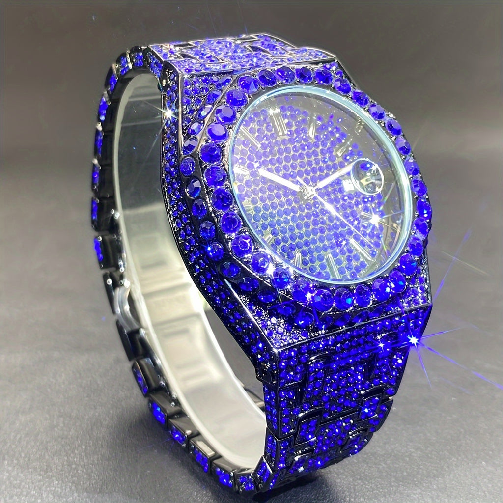 MISS FOX 2024 Hip Hop Men'S Luxury Iced Out Blue Rhinestone Wrist Watch Features a Luminous Japanese Quartz Movement, a Round Analog Design with a Zinc Alloy Band, And Is a Fashionable Party Watch Adorned with Large Sparkling Diamonds