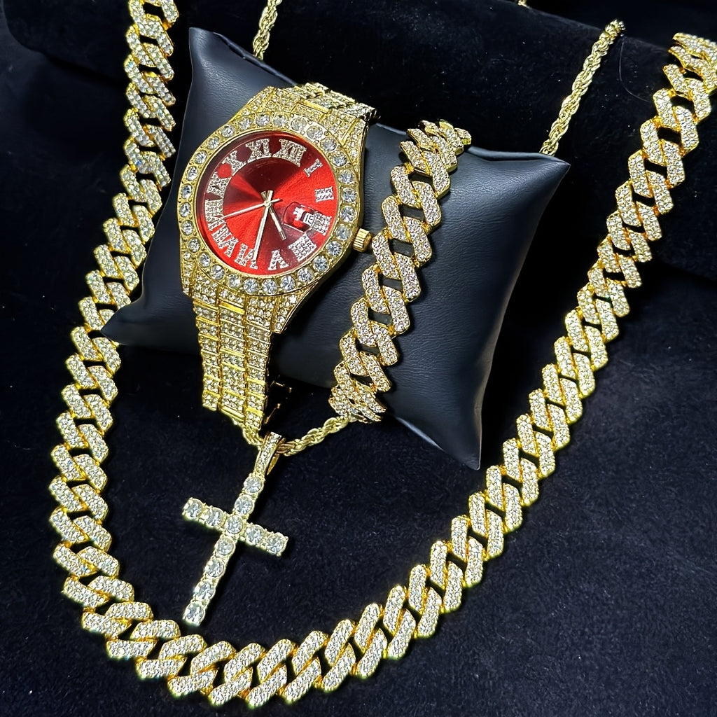 Luxury Cuban Link Jewelry Set: Necklace, Bracelet, Pendant Necklace, and Wristwatch Full Set - Ideal Gift for Holiday Celebrations, Valentine's Day, Christmas, and Birthdays