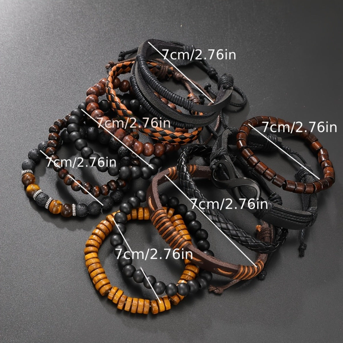 12pcs Vintage Men's Bracelet Set Woven Leather Tiger Eye Stone and Moonstone Beads Synthetic Fiber Rope Suitable for Casual and Party Wear Fashionable Jewelry