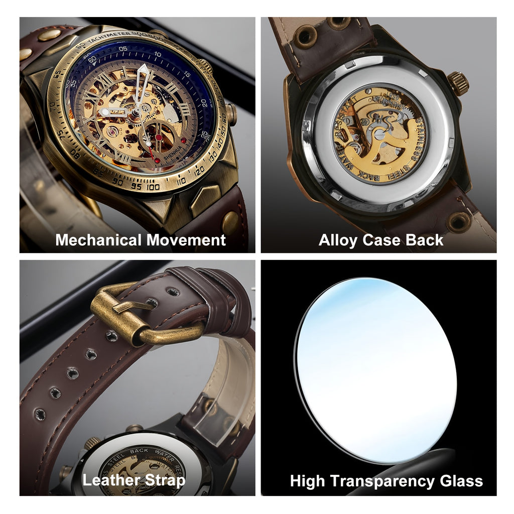 Men's Automatic Mechanical Wristwatch, Roman Numerals Classic Wrist Watch, Retro Skeleton Fashion Accessory, Easter, Father's Day & Birthday Casual Gift