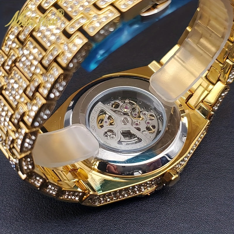 Men'S Luxury Wristwatch by Miss Fox Featuring a Golden Design with Rhinestones, Automatic Mechanical Movement, Round Analog Display, Embellished with Glitter, Zinc Alloy Band, And a Stylish Large Dial