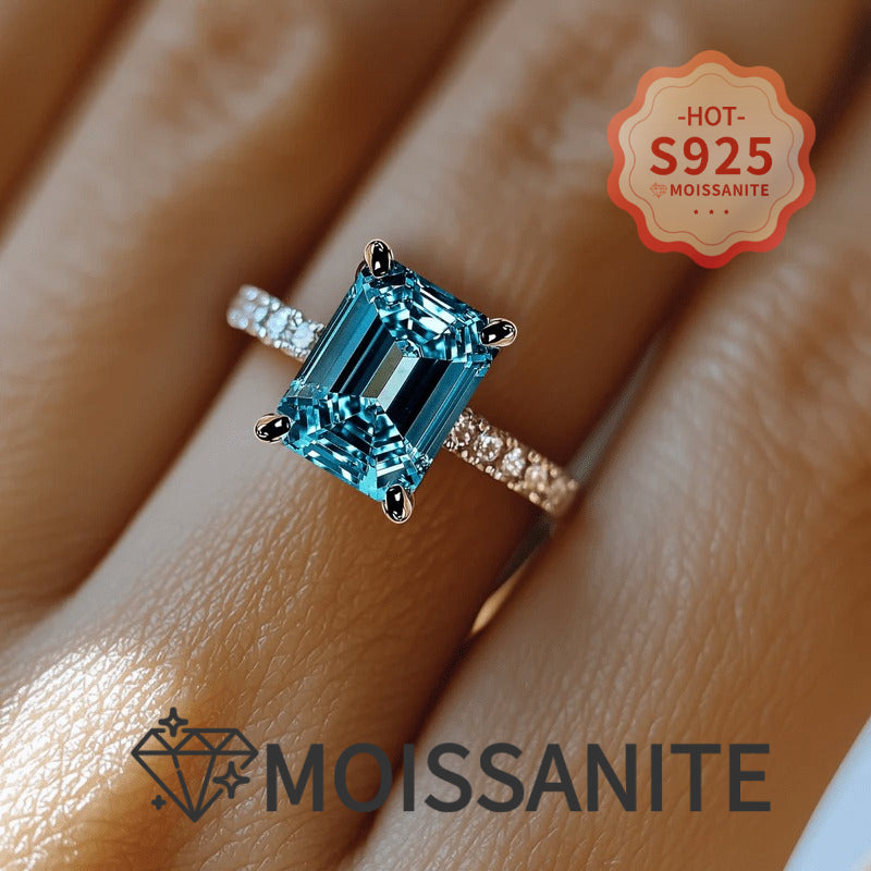 An S925 Silver Fashion Women's Elegant Promise Ring Set with Shiny Square Blue Moissanite, Perfect for Women's EngaSynthetic Gemstoneent And Wedding Rings, Luxurious Bridal Jewelry, A Symbol Of Elegance And Nobility with Certificate