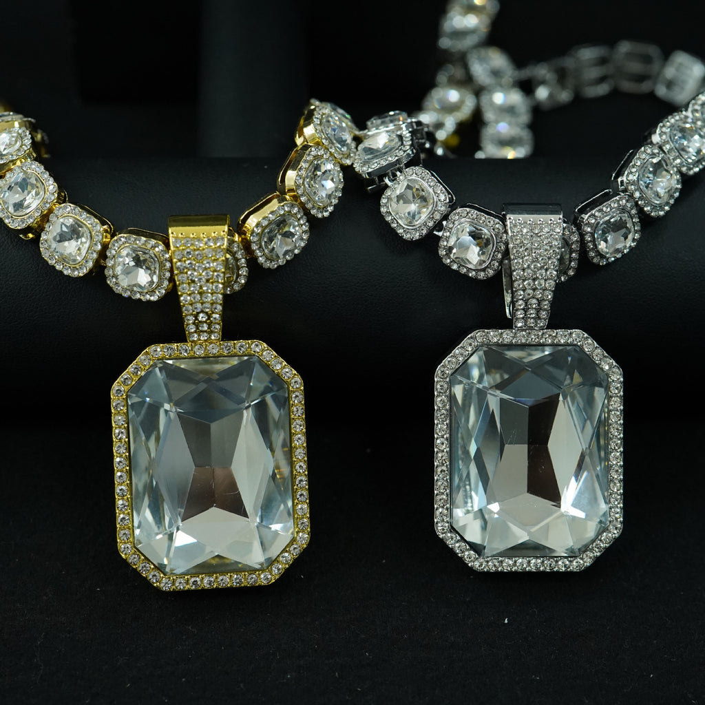 Hot-selling colored gem alloy pendant with colored gem Cuban necklace hip hop cool necklace