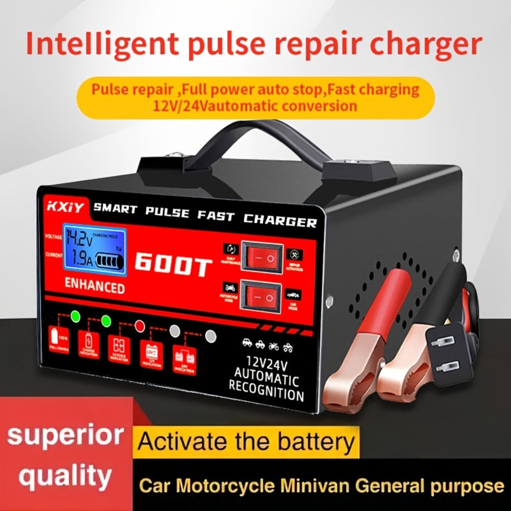 Advanced Smart Universal Battery Charger for 12V And 24V, with LCD Screen, Pulse Repair Function, And Temperature Regulation - Designed for Smart Trickle Charging Maintenance of Car, Truck, Harvester, Lawn Mower, Boat, And Motorcycle Batteries