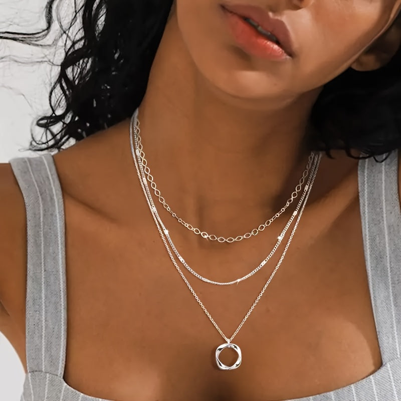 925 Pure Silvery Women's Necklace, Multi-layer Round Pendant Stacking Design, Trendy Fashion Jewelry, Suitable for Party and Vacation, Women's and Girls' Gifts