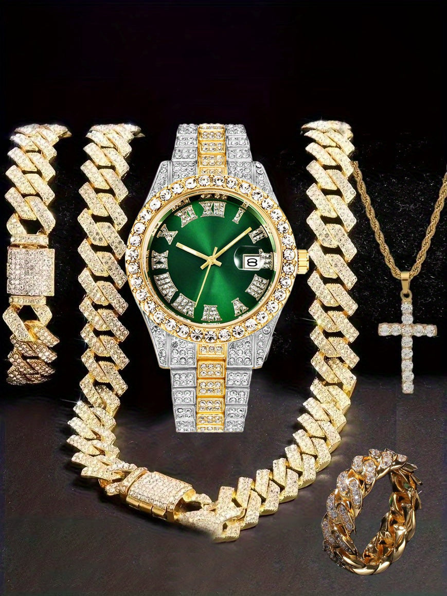 Men'S Hip Hop Set: Trendy Watch, Cuban Chain Pendant Necklace And Bracelet Combo, Stylish Men'S Additions Gift for Christmas, Birthday, Valentine'S Day, And Father'S Day