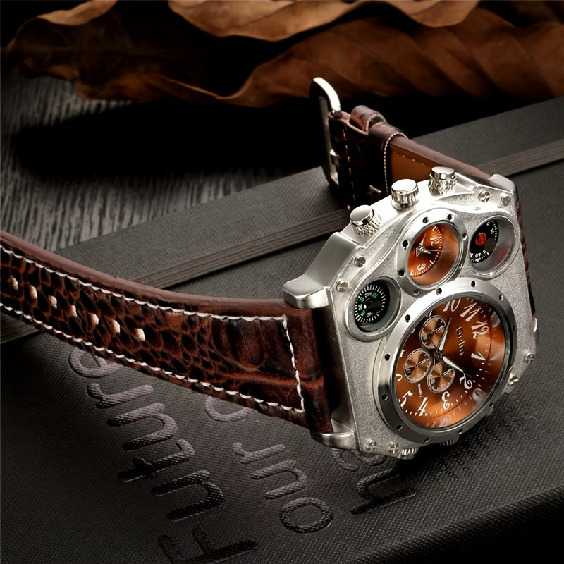 [Dual Time Zone Watch] 2pcs Domineering Men's Dual Time Zone Sports Watch Ring Set Multi-function Quartz Watch with Ring