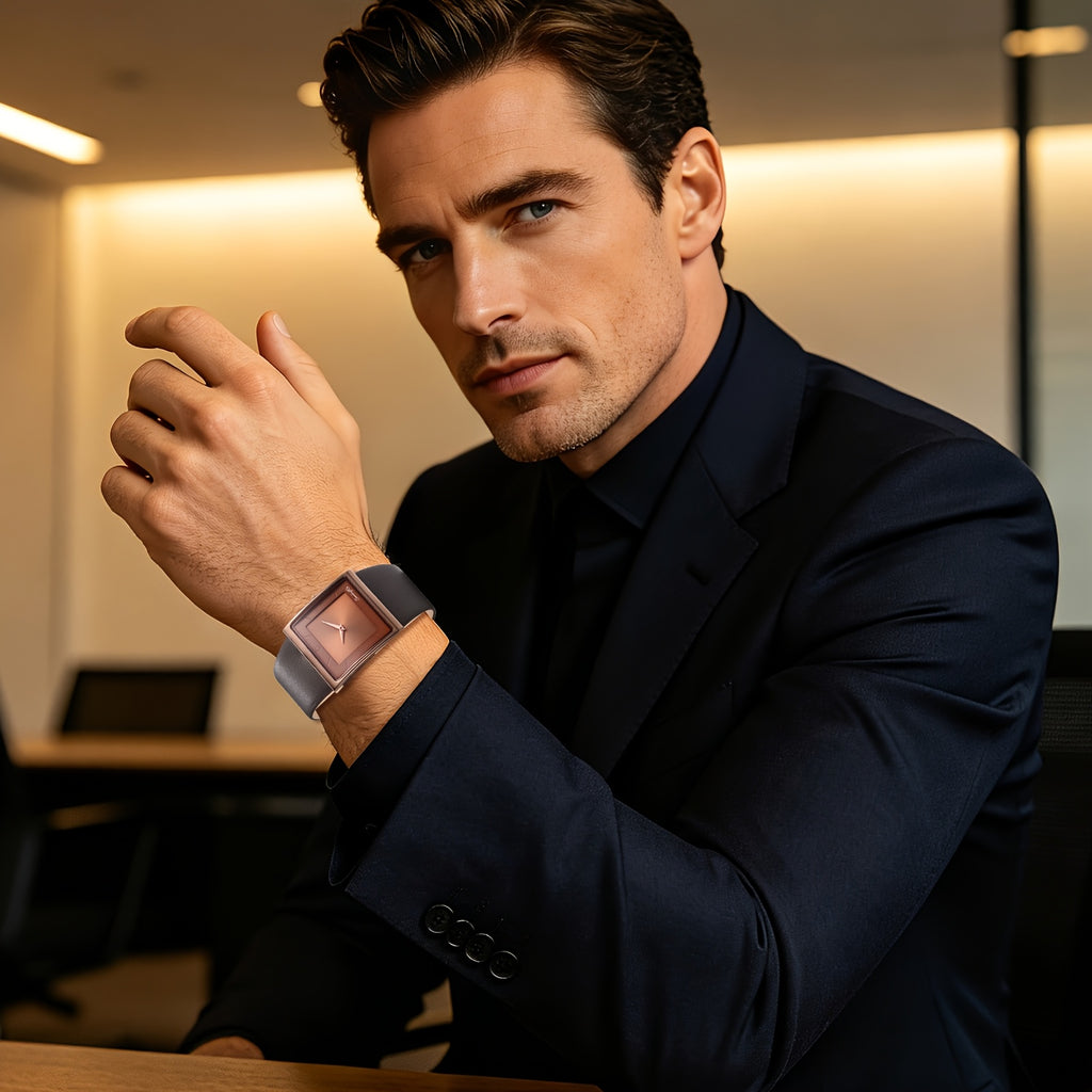 [Genuine Leather] Genuine Leather | Square Bar Scale Dial Men's Watch Strap
