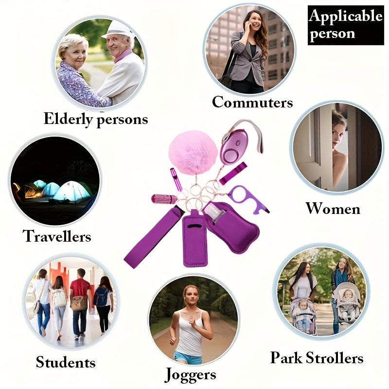 UNISEX Safety Keychain Set. Gift Box Set With 9 Cute Keychains For Ladies, Including Pom-poms, Personal Alarms, Bottle Openers, Rhinestone Shiny First Aid Kits And Survival Whistles. For Daily Use And Holiday Gift Giving