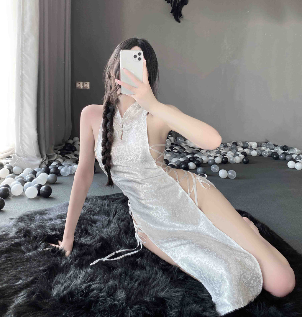 T-2384 Chinese buckle sexy seductive strappy high slit jacquard satin cheongsam nightdress