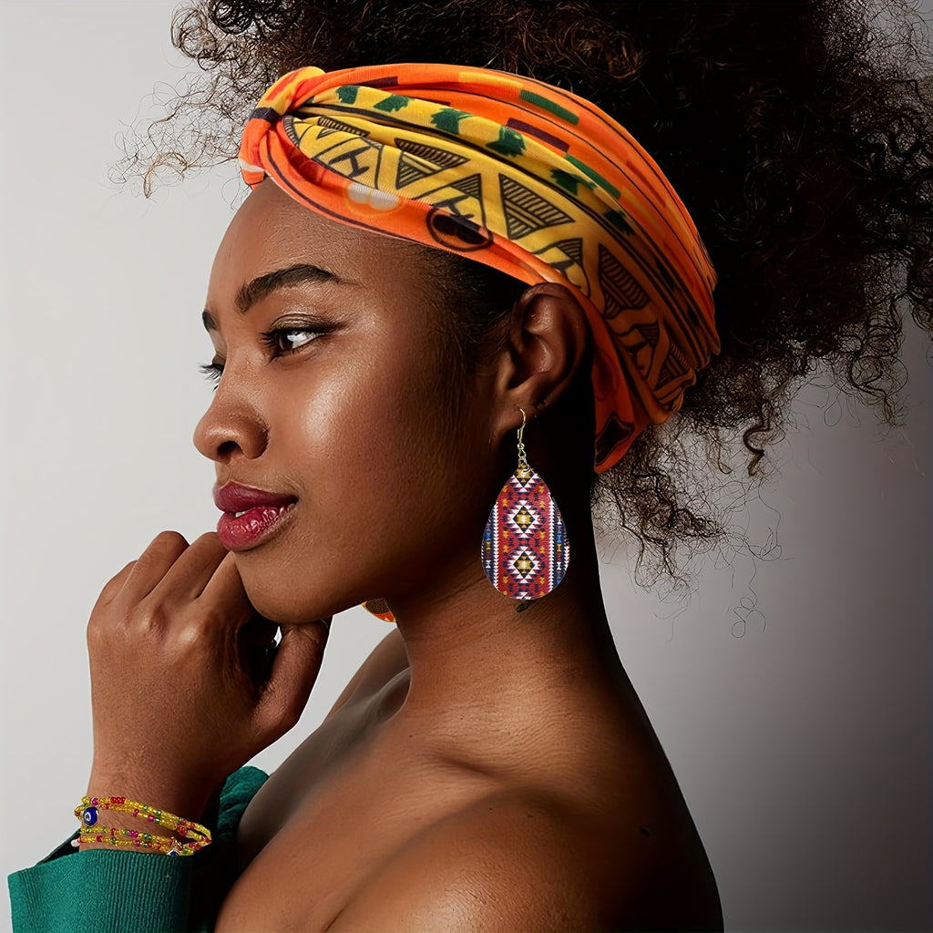 Four Sets of African-Style Headbands, Featuring Earrings, a Stretchable Wide Headscarf, Elastic Yoga Headbands, Hair Nets, And Sporty Printed Hair Accessories, Suitable for Women.