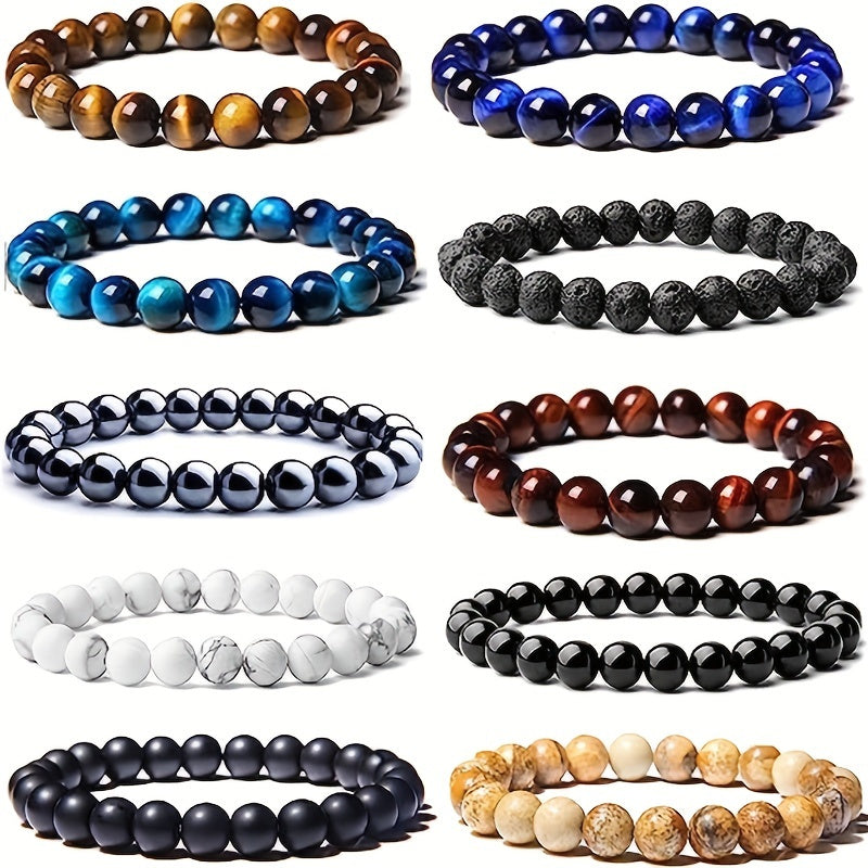 10pcs Set 8mm Bracelet Round Beaded Bracelet Men And Women Stone Stone Natural Stone Stretch Beaded Bracelet Unisex, Suitable for Men And Women Holiday Gift Simple Gift