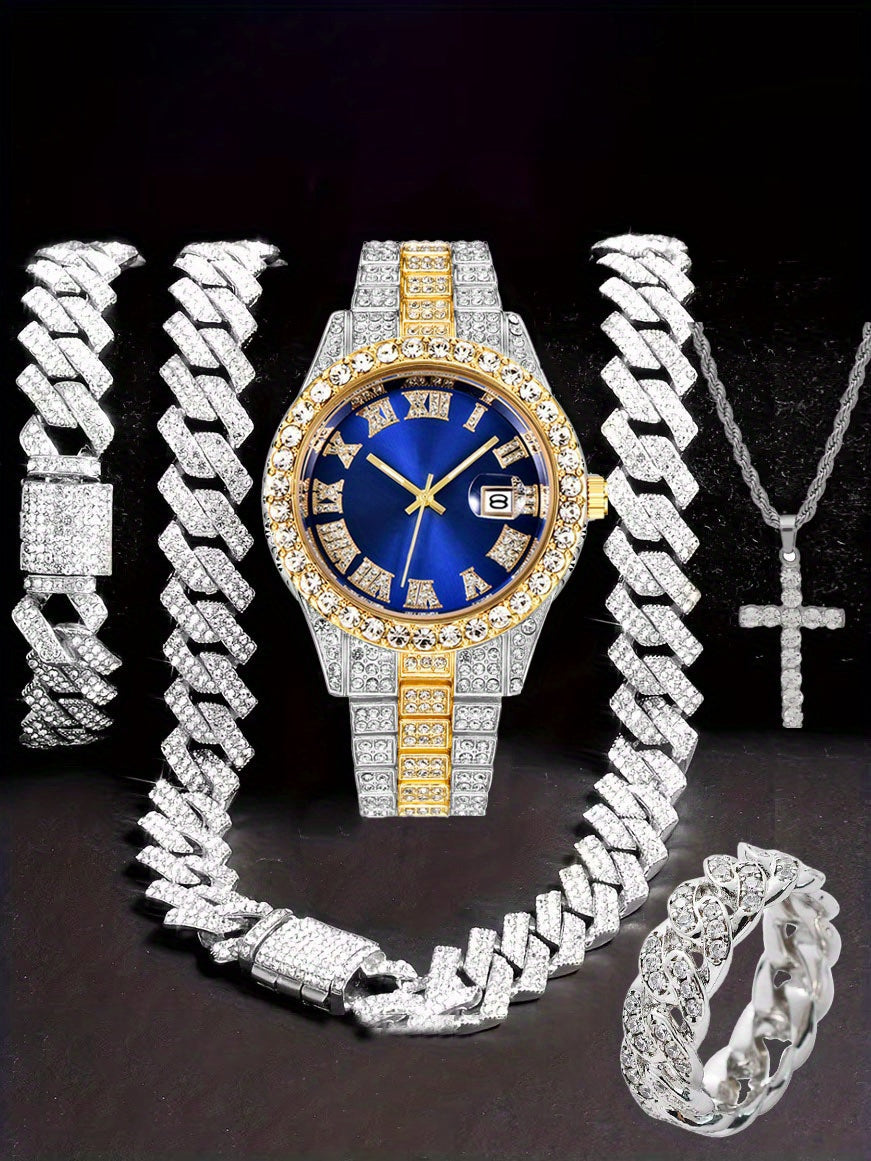 Men'S Hip Hop Set: Trendy Watch, Cuban Chain Pendant Necklace And Bracelet Combo, Stylish Men'S Additions Gift for Christmas, Birthday, Valentine'S Day, And Father'S Day