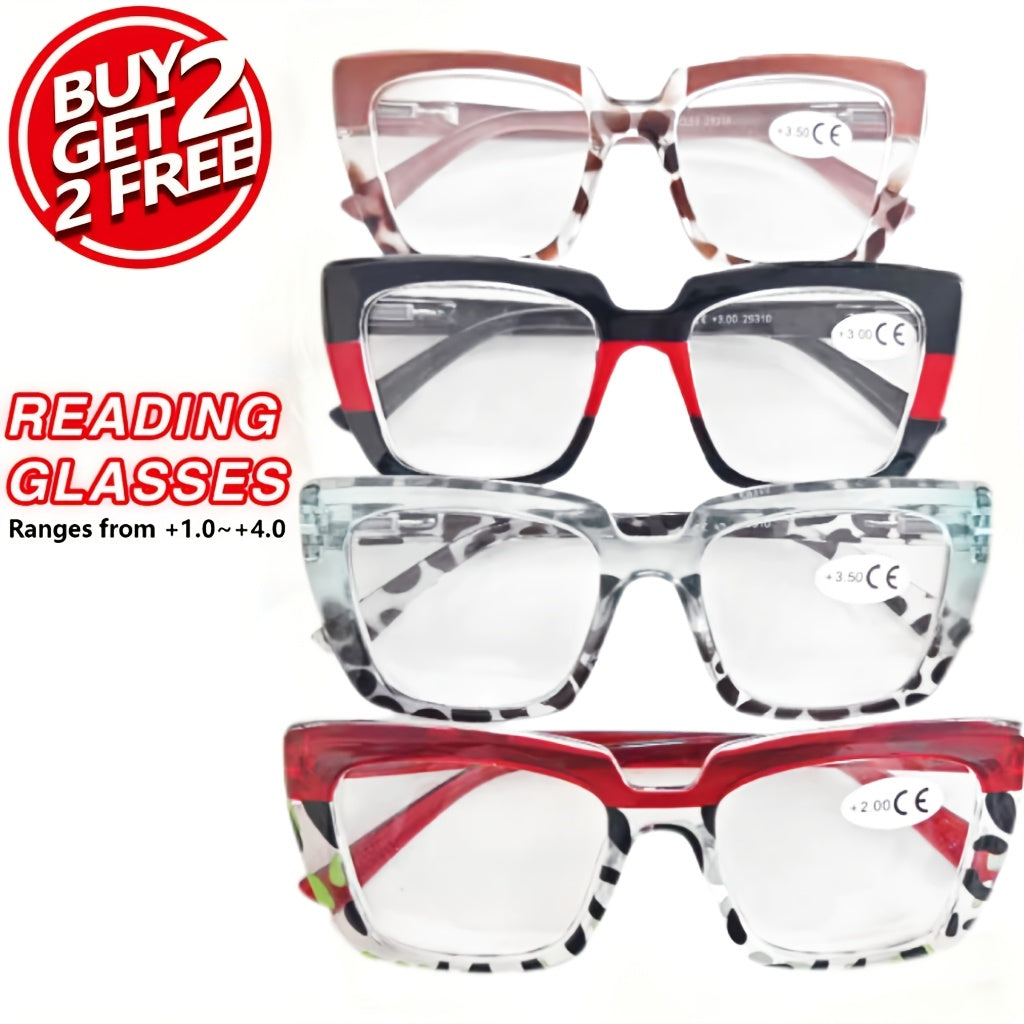 4pcs Fashionable Large Frame Ladies Reading Glasses Set | High-Definition Reading Lenses, Leopard Print Splicing And Classic Black Combination, Polycarbonate Frame, Meet Various Daily Trendy Matching