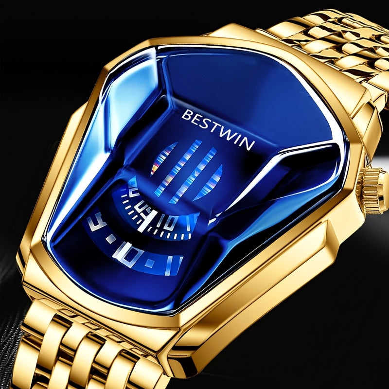 Unique Dashboard Design Men Watches Top Brand Fashion Blue Rhinestones Dial Steel Strap for Man Business Quartz Watch for Gifts