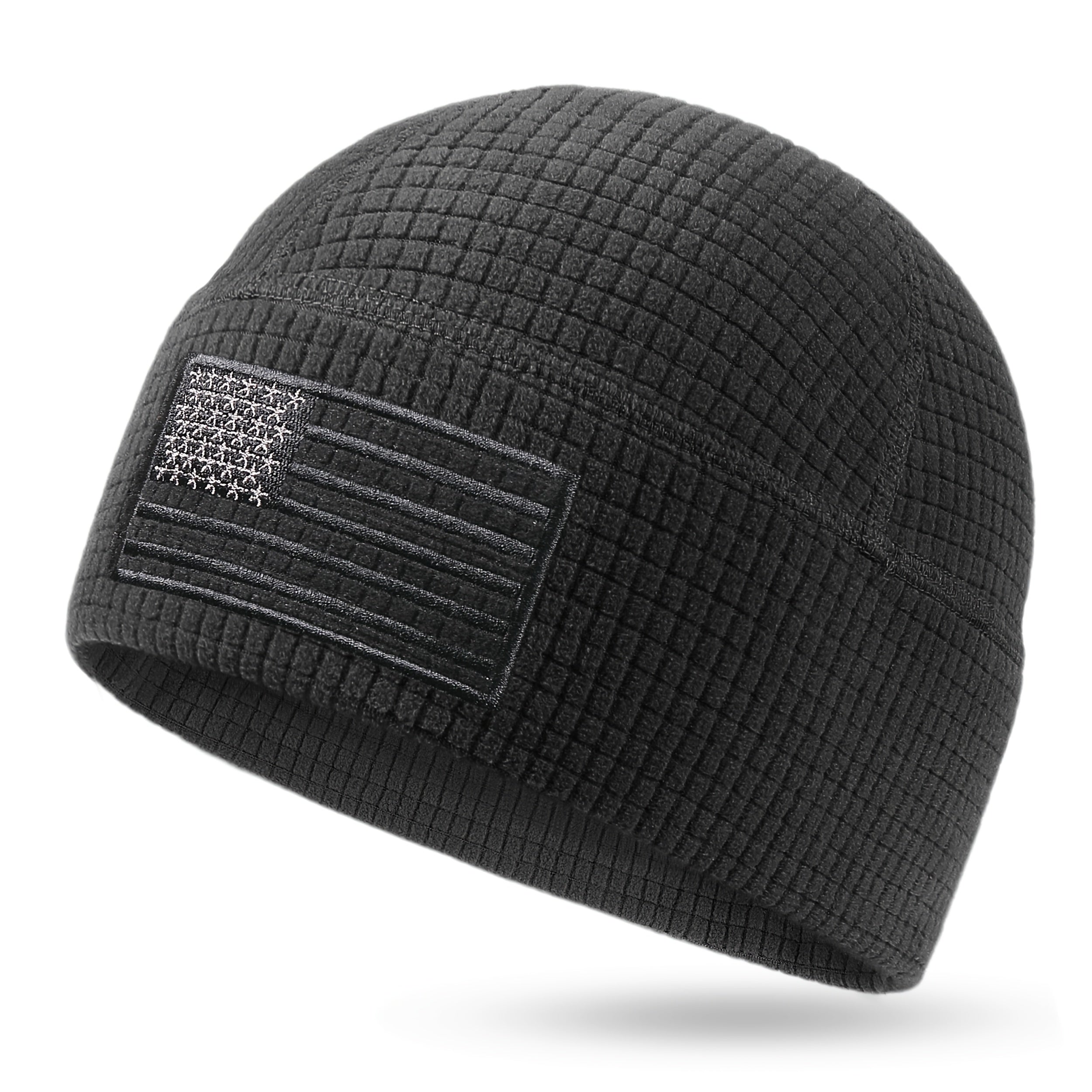 Tactical Military Cap Featuring a Waffle Design And an American Flag Embroidery on a Grid Fleece Beanie