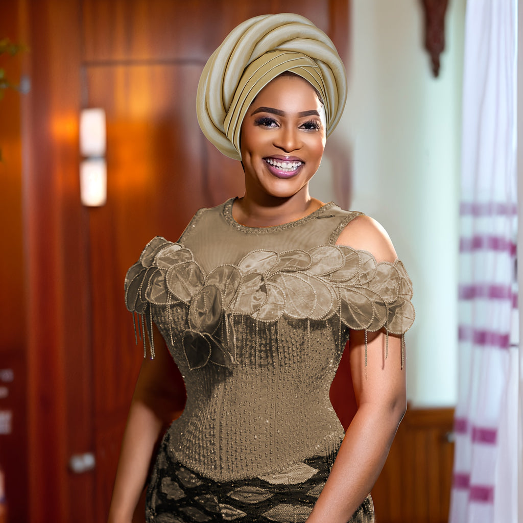 [Exquisite Nigerian Wedding Hat] Exquisite 100% Polyester Nigerian Wedding Hat for Women - Sponge Turban with Elasticity, Religious Theme, Button Closure, Craftsmanship, Hand Washable - Perfect Festive Headwear for Special Occasions