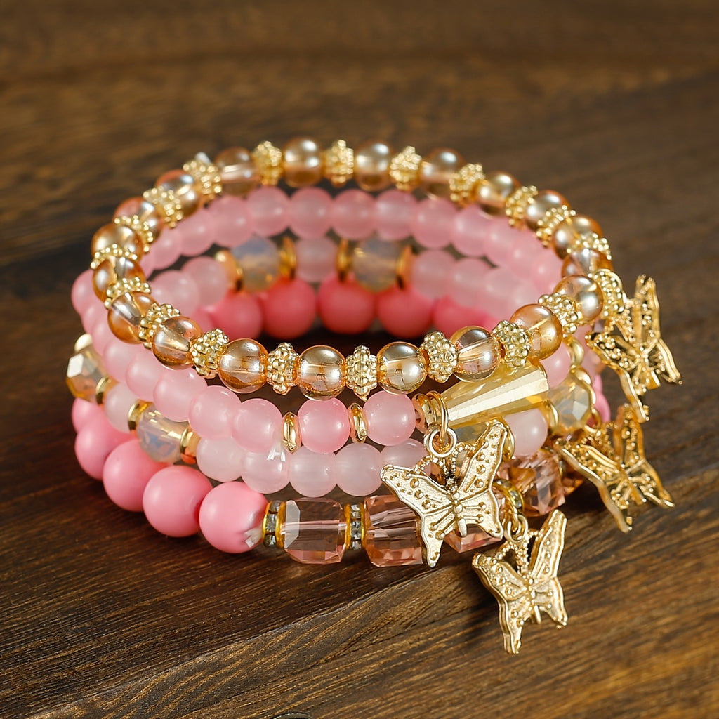 4pcs, 8pcs, 16pcs/Set Bohemian Elegant Gift Bracelet, Butterfly Sparkle Multi-Layered Beaded Fashion Bracelet, Elastic Charm Beaded Bracelet, The Perfect Gift for Stylish Ladies, Suitable for Ladies
