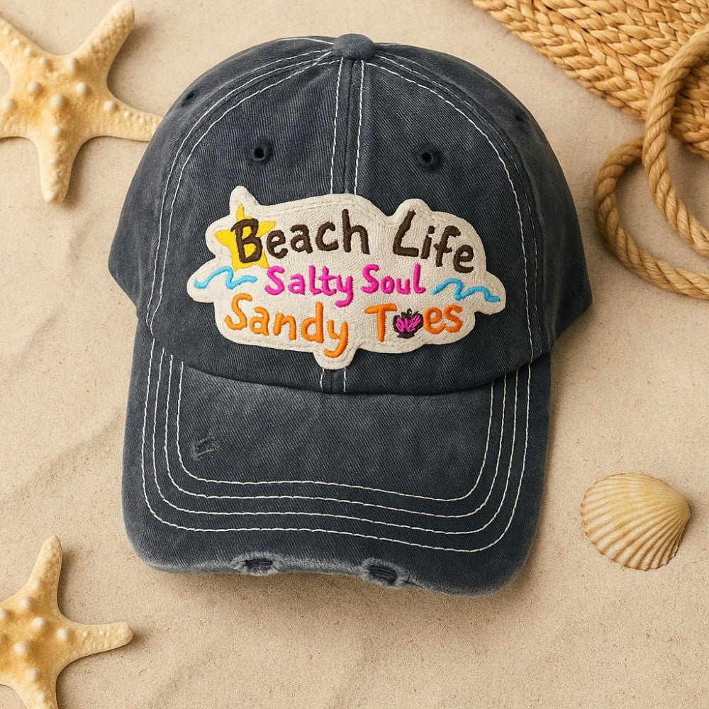 "Beach Life Salty Soul Sandy Toes" Baseball Cap-Local Artist Designed, Vintage, Distressed, Embroidered, 100% Cotton, UV Protection, Adjustable