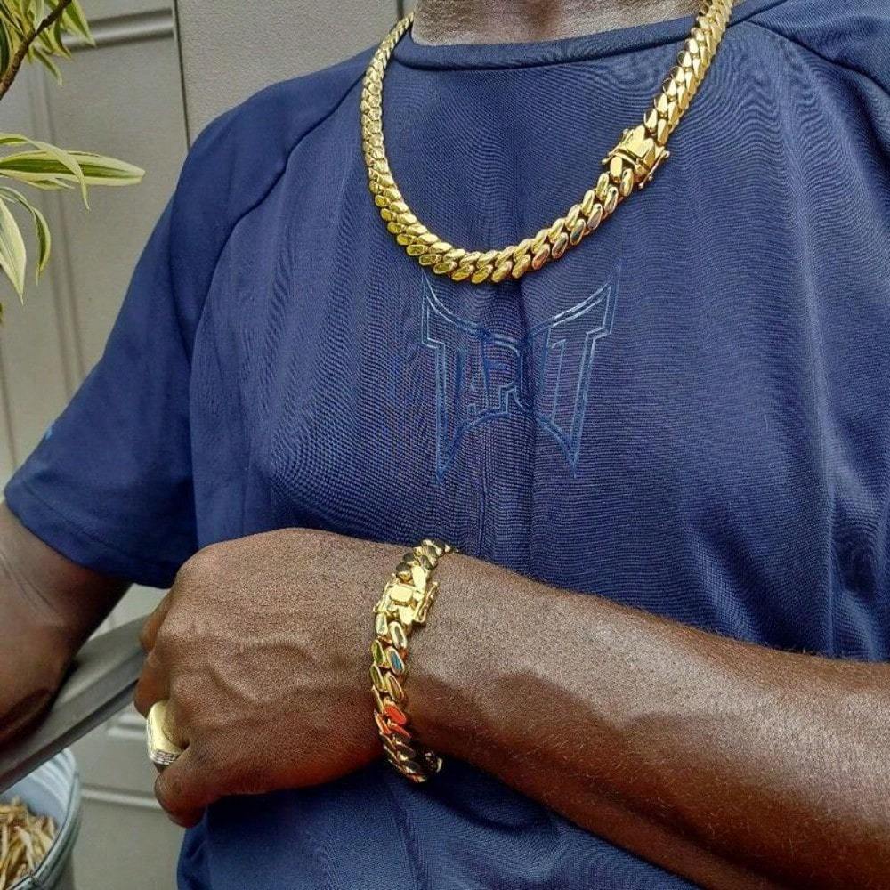 2pcs Cuban Links Chain Necklace Bracelet for Men 18K Golden Plated Plated 10mm Stainless Steel Curb Punk Hip Hop Jewelry Set