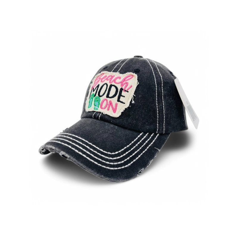 Beach Mode On Vintage Distressed Embroidered Baseball Cap For Women - 100% Cotton, Breathable, Casual, Adjustable, UV Protection