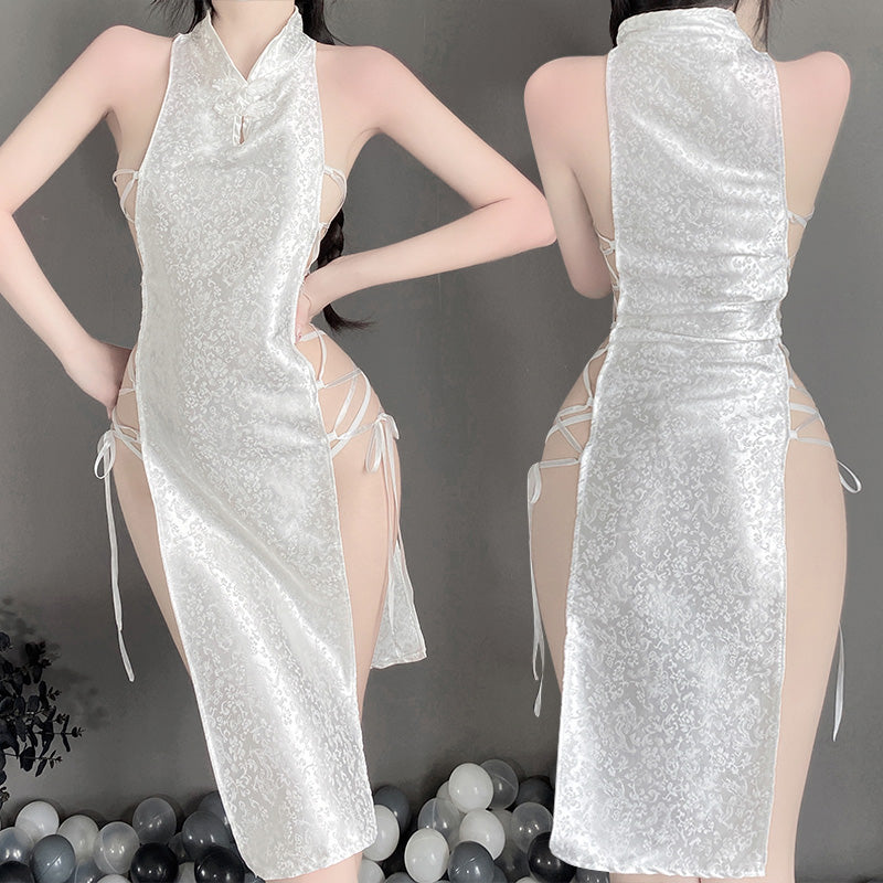 T-2384 Chinese buckle sexy seductive strappy high slit jacquard satin cheongsam nightdress