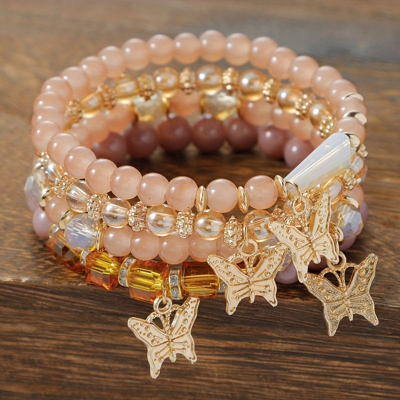 4pcs, 8pcs, 16pcs/Set Bohemian Elegant Gift Bracelet, Butterfly Sparkle Multi-Layered Beaded Fashion Bracelet, Elastic Charm Beaded Bracelet, The Perfect Gift for Stylish Ladies, Suitable for Ladies