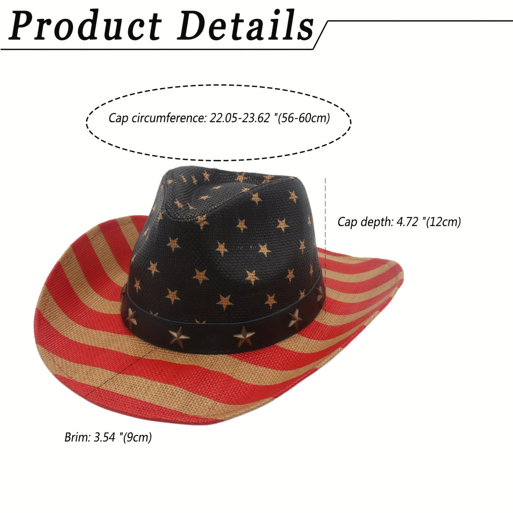 [Western Cowboy Hat] American Flag Wide Curved Brim Western Hat Equestrian Riding Jazz Cowboy Cowgirl Straw Hat