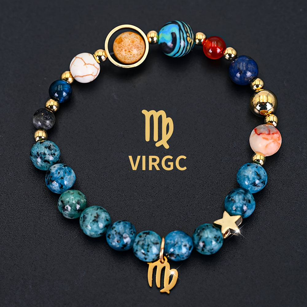 [Cosmic Galaxy Bracelet] 1pc Cosmic Galaxy Imperial Green Natural Stone Eight Planets Ladies 12 Constellation Bracelet Zodiac Pendant Libra Virgo Sagittarius Jewelry Valentine's Day Couple Gift
