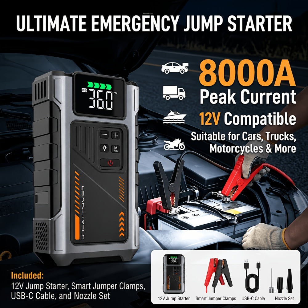 [Portable Jump Starter] Jump Starter With Air Compressor, 8000A Peak Battery Jumper Starter Portable, Jump Box For Car Battery, 12V Portable Jump Starter For 8.0L Gas And 6.5L Diesel Cars With USB Ports And LED Flashlight, Portable Car Jump Starter, Batte