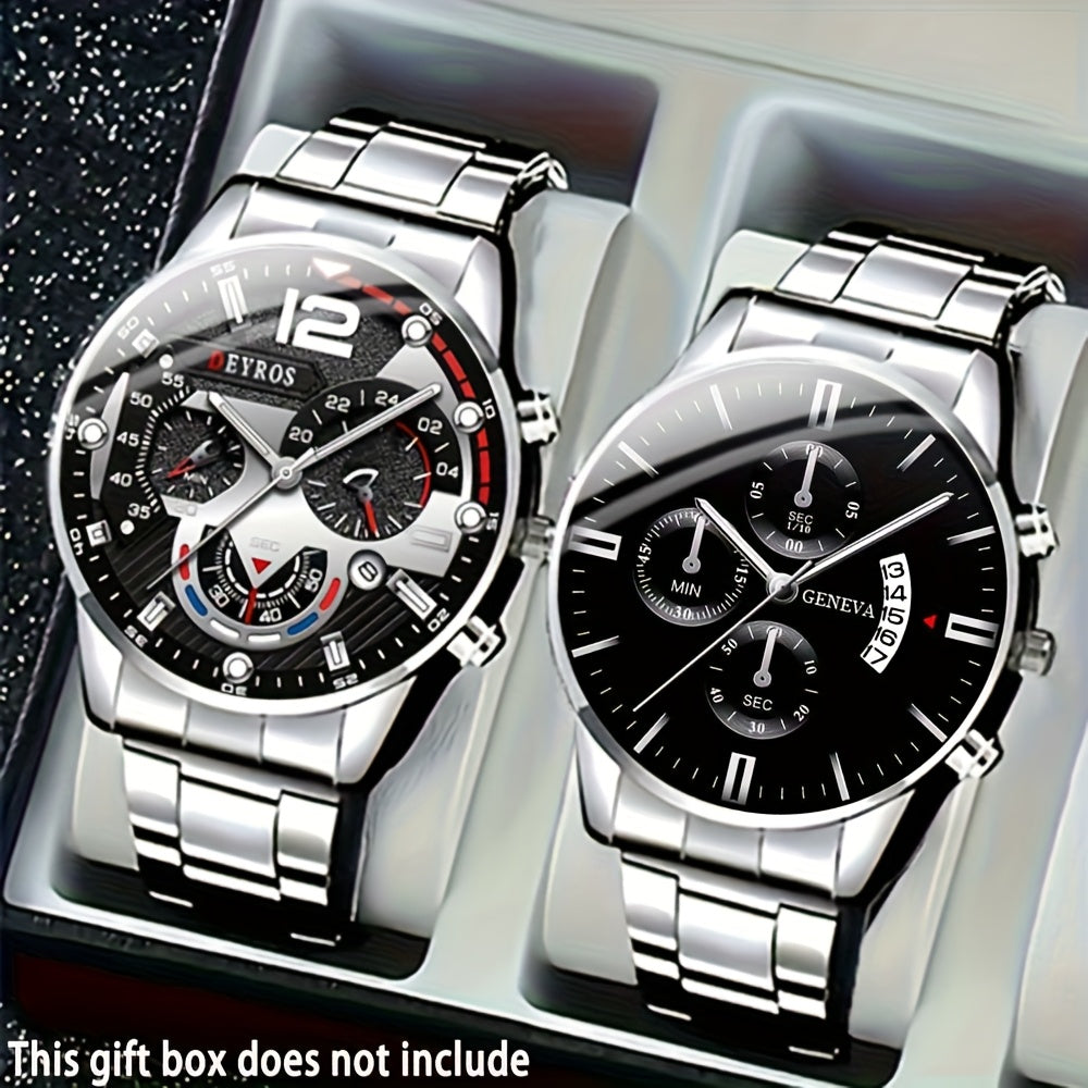 2pcs/ set Luxury Men's Watches Fashion Business Male Stainless Steel Date Analog Quartz Wrist Watch Mens Sets Gift Selection