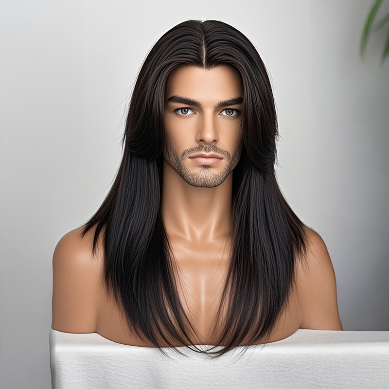 Men' Natural Looking Black Wig Suitable for Daily Use & Themed Parties - Heat Resistant Synthetic Hair Wig with Layered Straight Hair, No Glue Application for Wigs for Halloween, for Party, for Events, 28 Inch Elegant Wig