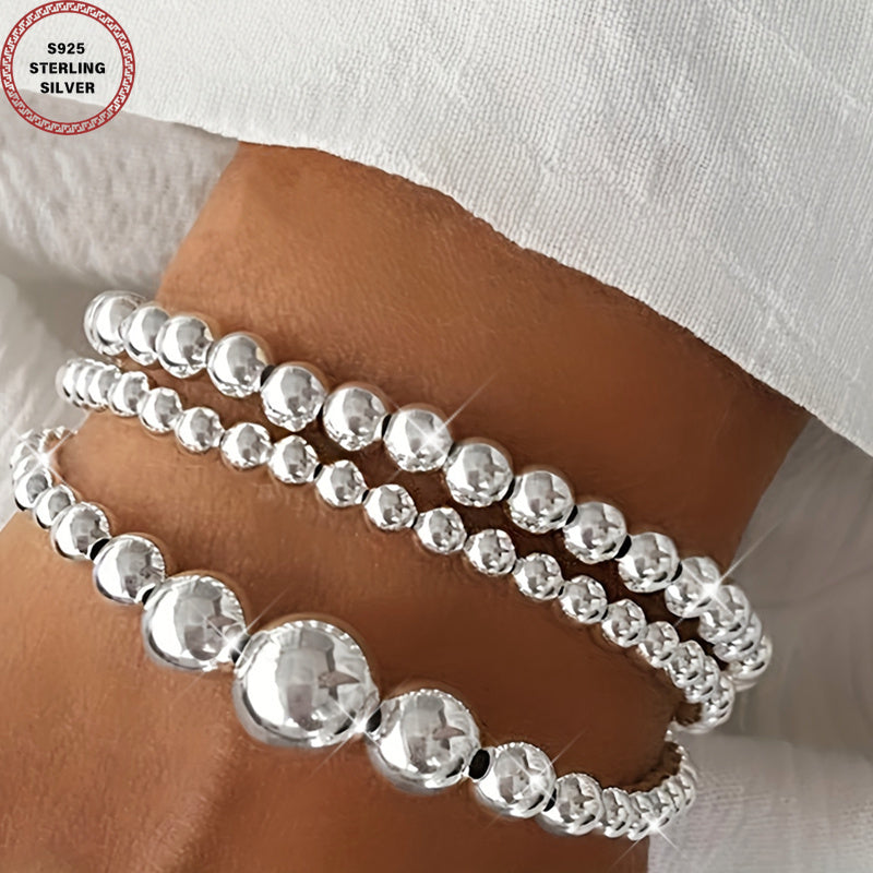 Set of 3 S925 Sterling silvery Beaded Bracelets for Women - Featuring a Easy Round Handcrafted Bead Design, Ideal for Everyday Use And Valentine'S Day Presents